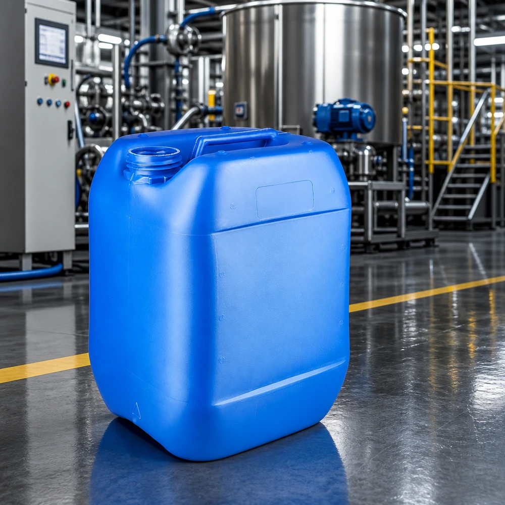 Bidon industriel bleu de 10 litres sans bouchon devant des réservoirs en acier inoxydable dans une usine chimique