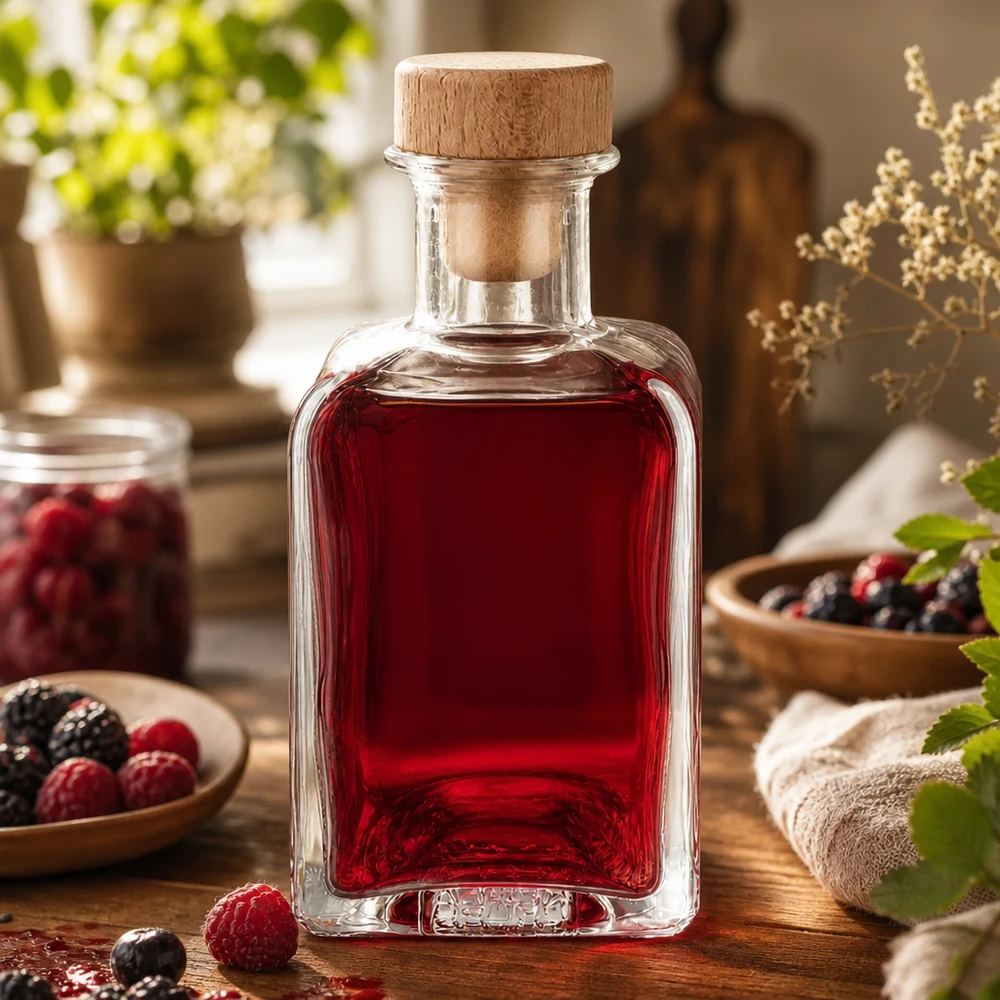 Flacon à pharmacie 200 ml « Clara » avec bouchon en bois UNiTWIST® 200ml Glasflasche Clara mit rotem Beerensaft befüllt rustikale Küchendeko mit frischen Beeren natürlicher Holzkorken