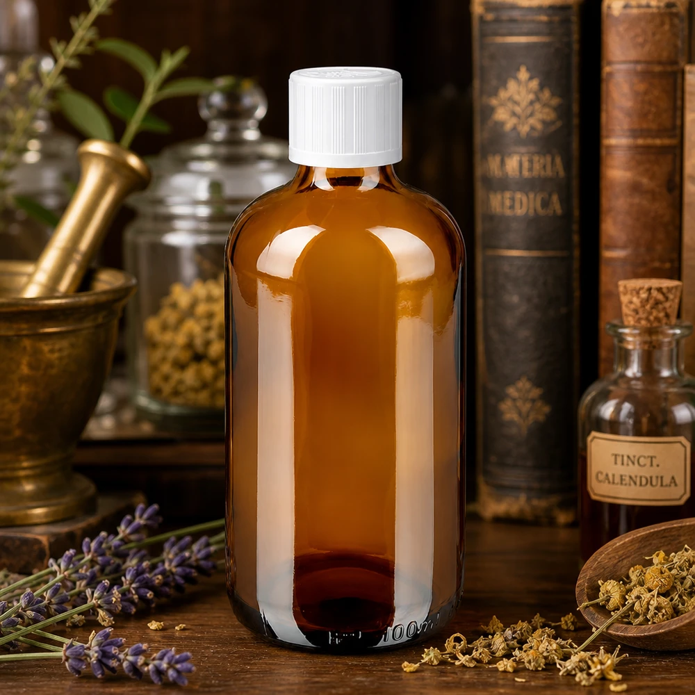 Flacon de pharmacie de 100 ml en verre ambré avec bouchon KiSi blanc, à côté d'un flacon de Tinctura Calendula