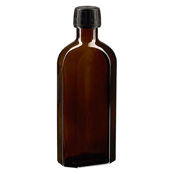 Flasque brune de 250 ml au goulot PP 28, avec bouchon à vis PP 28 noir, joint en PEE et système d’inviolabilité Flasque brune de 250 ml au goulot PP 28, avec bouchon à vis PP 28 noir, joint en PEE et système d’inviolabilité
