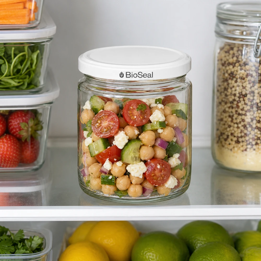 Pot de miel de 250 ml avec couvercle BioSeal dans le réfrigérateur rempli d'une salade de pois chiches entre des récipients de stockage avec des fruits