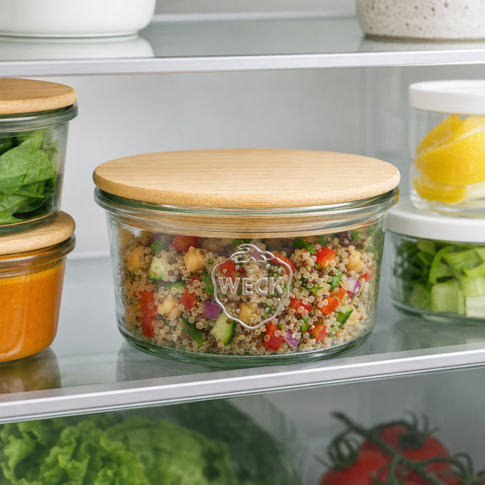 WECK Pot RR80 165ml avec couvercle en bambou pour l'organisation de Meal Prep au réfrigérateur rempli de salade de quinoa