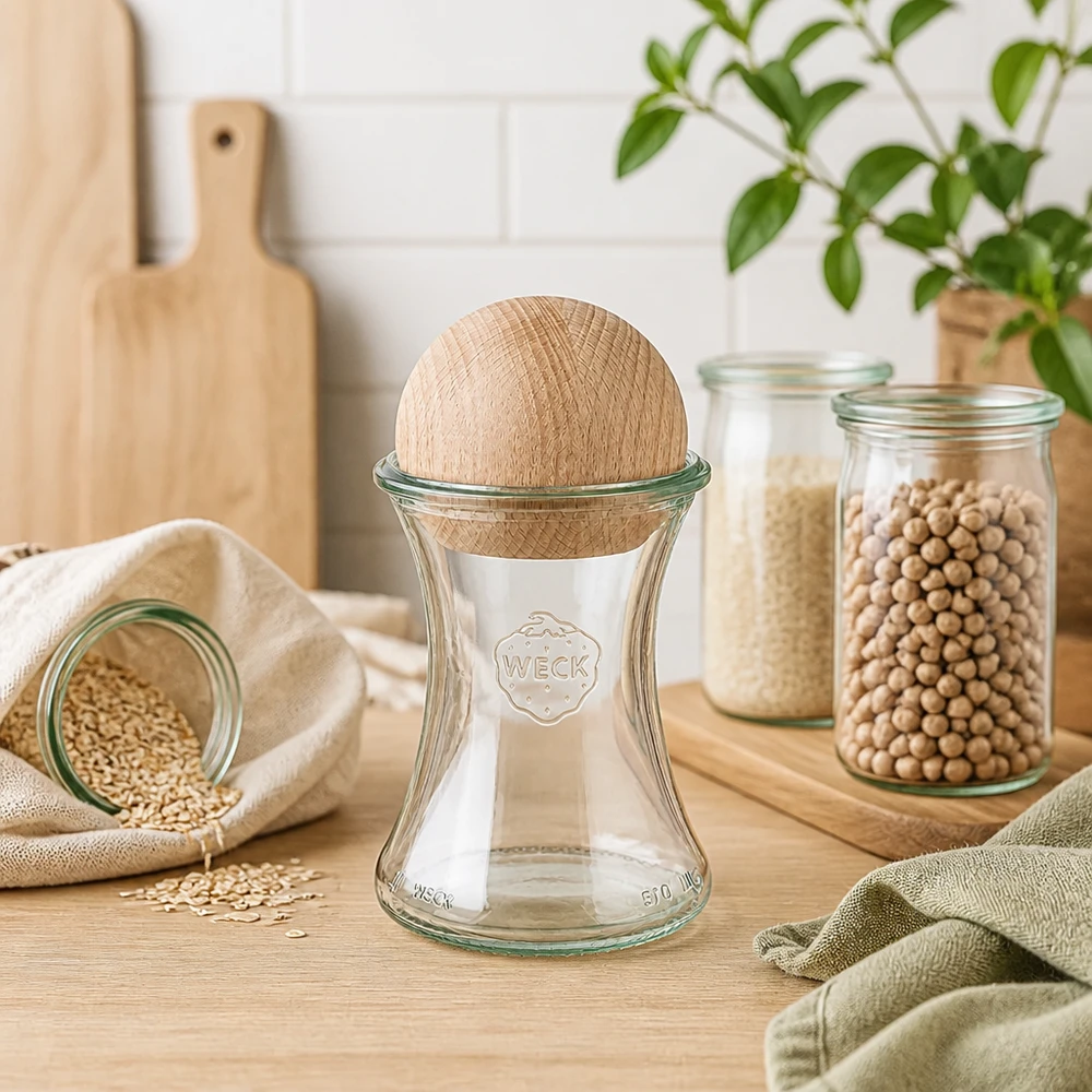 370ml bocal à gourmandises WECK RR80 avec boule en bois en hêtre WECK Pot de conservation 370ml RR80 Sphère en bois hêtre cuisine légumineuses céréales conservation durable boîtes à provisions