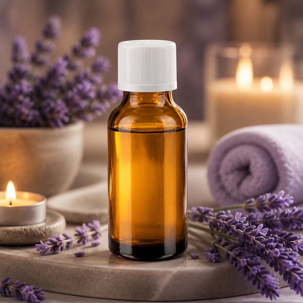Flacon en verre ambré de 20 ml avec protection UV et bouchon KiSi blanc, destiné aux cosmétiques naturels et aux huiles essentielles