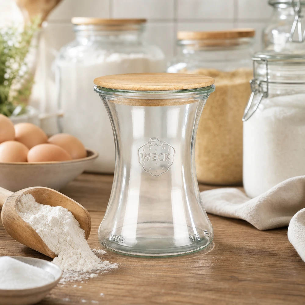 WECK Pot à délicatesse 370ml RR80 avec couvercle en bois sur le plan de travail en bois à côté de la farine des œufs et des ingrédients de cuisson dans la cuisine