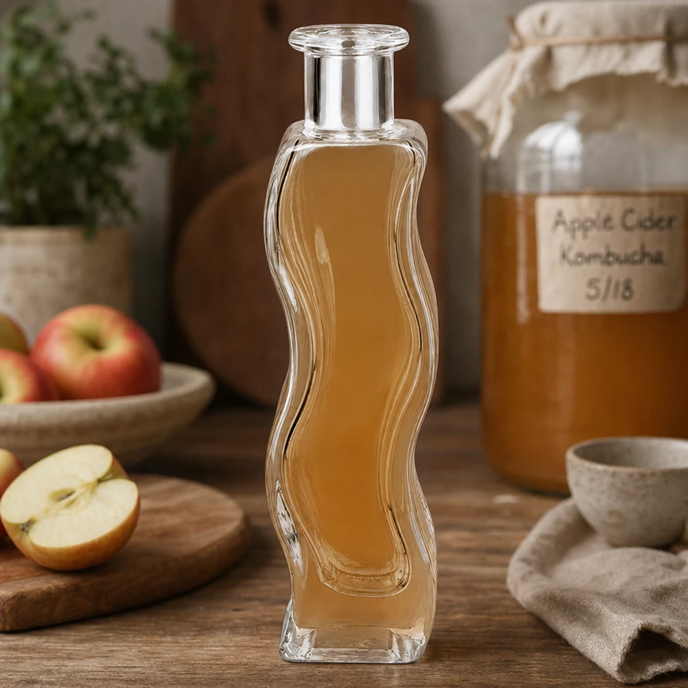 Flacon en verre « Melissa » 100 ml sans bouchon UNiTWIST® Bouteille en verre Melissa 100ml remplie de vinaigre de cidre dans une cuisine naturelle avec des pommes fraîches et un verre de kombucha