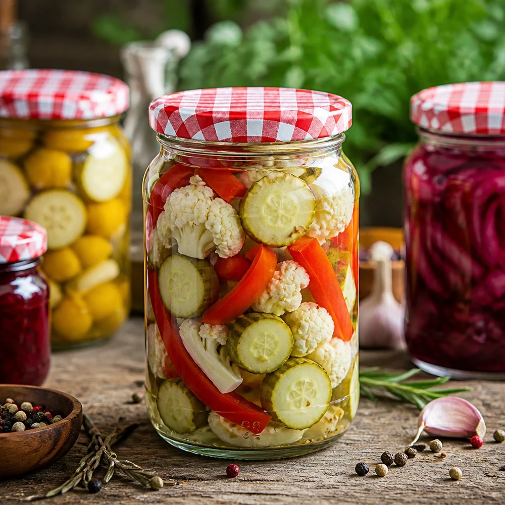 1062ml Bocal rond BasicSeal Couvercle avec mélange de légumes Cauliflower Concombres Poivrons Bocal de conservation Fermentation