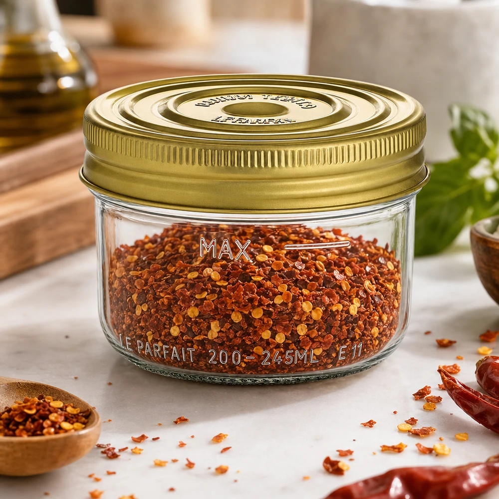 Le Parfait® Familia Wiss 200 g Ø82 mm bocal 245ml verre renversé Familia Wiss avec couvercle doré rempli de flocons de piment rouge sur table de cuisine avec épices