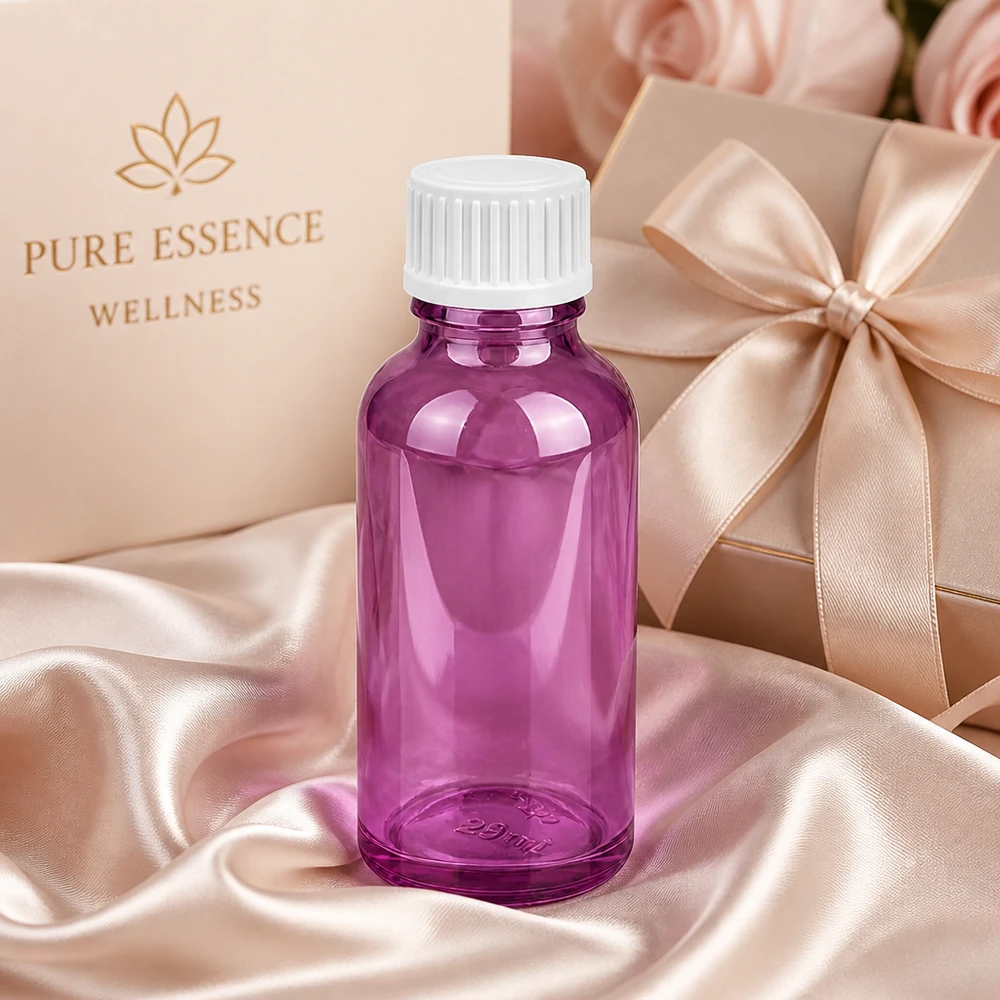 Flacon de 30ml (globules). Anneau de coulée 3mm blanc Standard PurpleLine. UT18/30 Bouteille en verre violet de 30 ml avec filetage blanc UT18 pour applications professionnelles