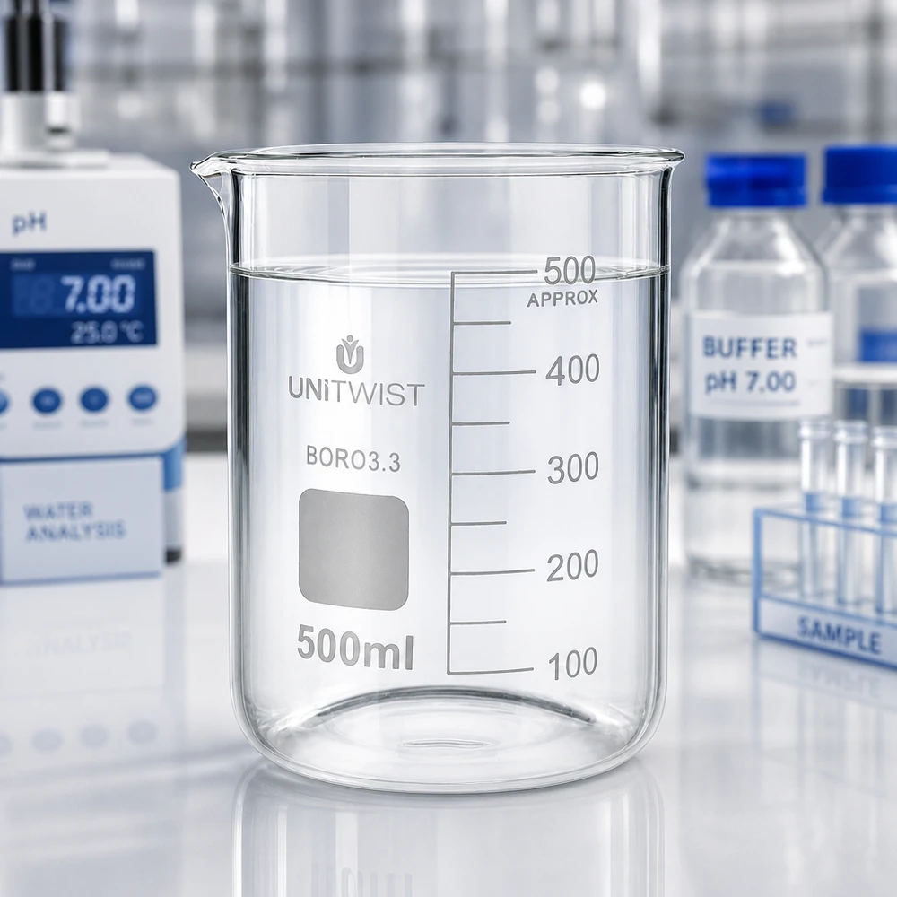 Bécher 500ml borosilicate, forme basse UNiTWIST Verre à bec transparent de 500 ml, forme basse, UNiTWIST BORO3.3, avec zone d'étiquetage blanche