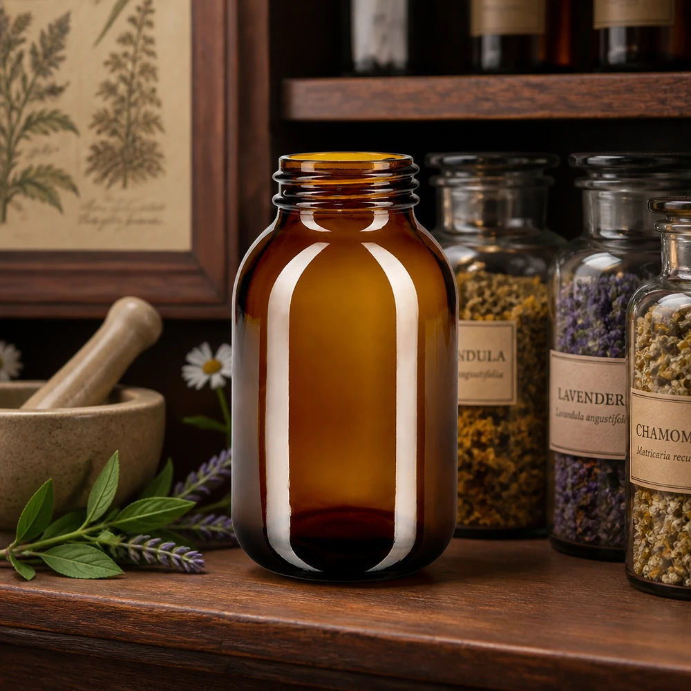 Bocal à col large en verre ambré 500 ml, goulot DIN 55, sans couvercle Bouteille en verre brun 500ml à col large pour les herbes et les remèdes naturels