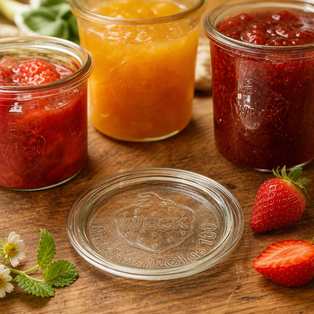 Couvercle de verre RR100 WECK WECK Couvercle en verre RR100 en application avec des pots de confiture et des fruits frais sur un fond en bois