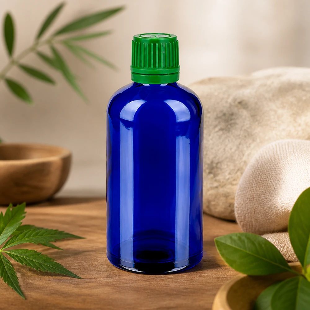Flacon 100ml 11mm SV vert OV BlueLine UT18/100 Flacon de laboratoire professionnel de 100 ml bleu avec bouchon d'inviolabilité vert pour l'assurance qualité