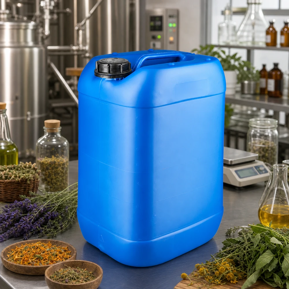 Bidon bleu de 25 litres, adapté au contact alimentaire, avec bouchon à vis, pour huiles essentielles et extraits