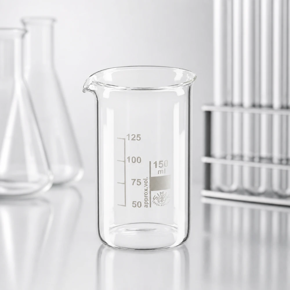 Bécher 150ml en verre borosilicate résistant à la chaleur (forme haute) Verre à bec haut de 150 ml en verre borosilicaté avec graduation, à côté de flacons d'Erlenmeyer et de tubes à essai