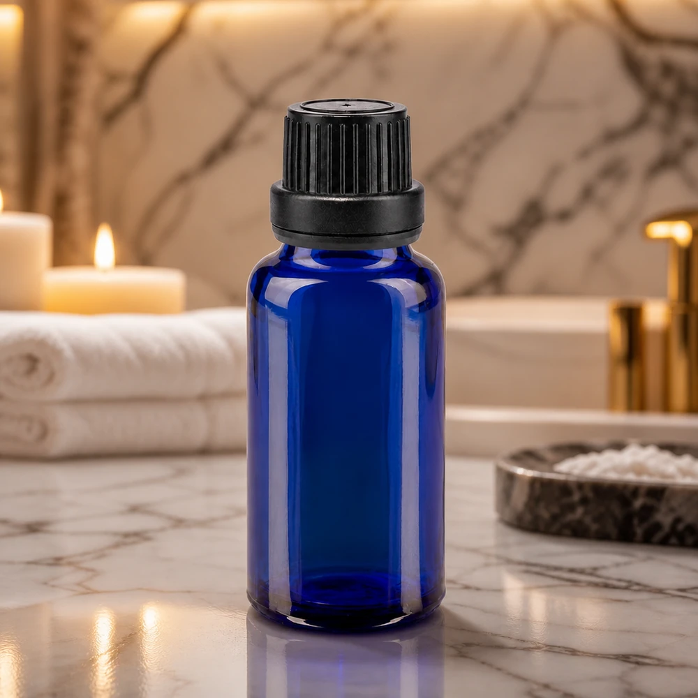 Flacon à pharmacie bleu 20ml bouchon à vis noir joint d'inviolabilité Flacon en verre bleu de 20 ml avec bouchon noir de sécurité enfant de 11 mm, destiné aux secteurs cosmétique et pharmaceutique