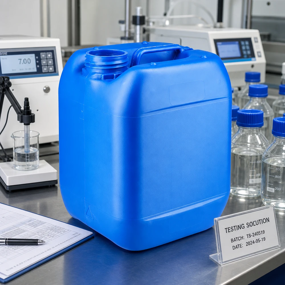 Bidon 5 litres bleu sans bouchon Bidon vide de 5 litres, bleu, sans couvercle, à côté de flacons de laboratoire munis d'un bouchon à vis bleu