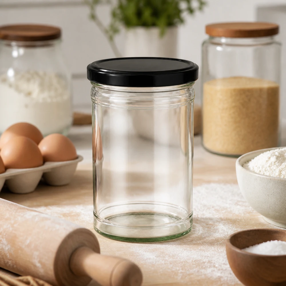 1053ml Verre conique avec couvercle BasicSeal noir UNiTWIST Bocal vide de 1053ml avec couvercle noir dans la cuisine avec œufs farine rouleau à pâtisserie pour la pâtisserie et la cuisine