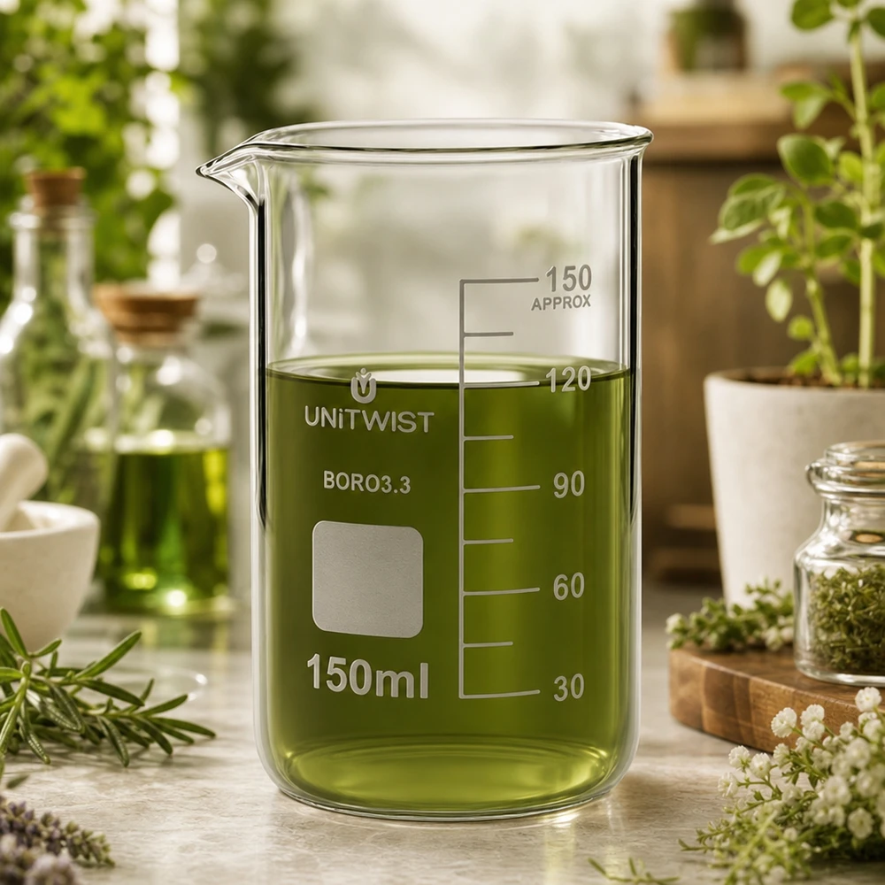 Bécher 150ml borosilicate, forme haute UNITWIST UNITWIST : verre à bec haut de 150 ml en borosilicate, destiné aux préparations à base de plantes et aux extraits botaniques