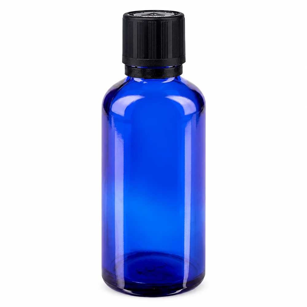 Flacon en verre bleu cobalt de 50 ml avec bouchon aveugle OV KiSi noir pour les applications au compte-gouttes
