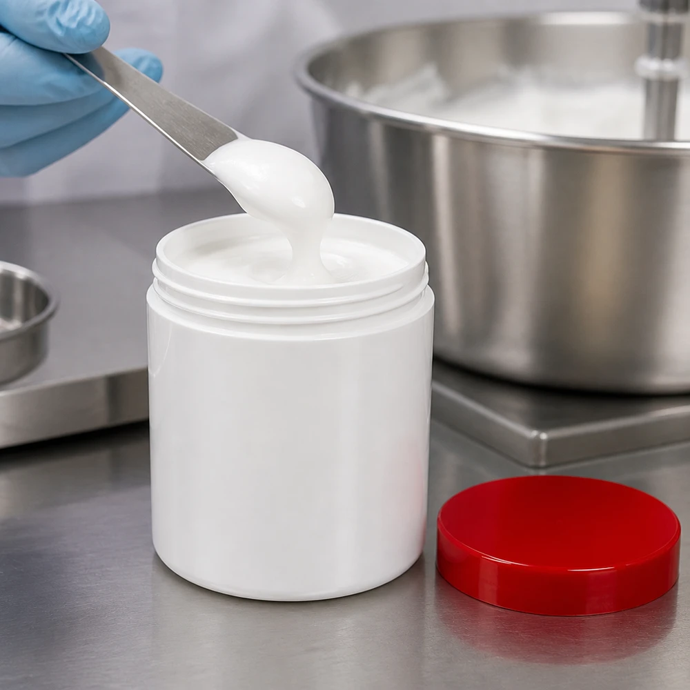 Pot à onguent blanc 30 g avec couvercle rouge (PP) Pot à pommade cylindrique de 30 g en PP blanc, avec couvercle à vis rouge ouvert lors du remplissage