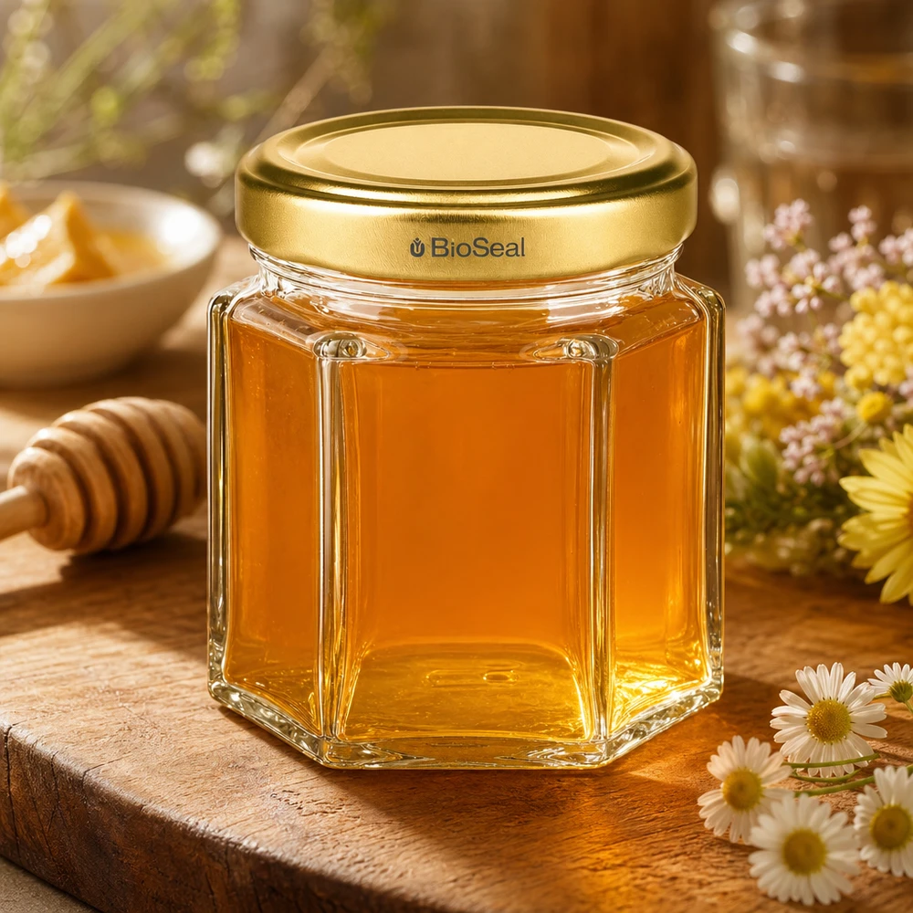 BioSeal pot de miel hexagonal de 60g rempli de miel doré sur une table en bois décorée d'un bâton de miel et de fleurs sauvages