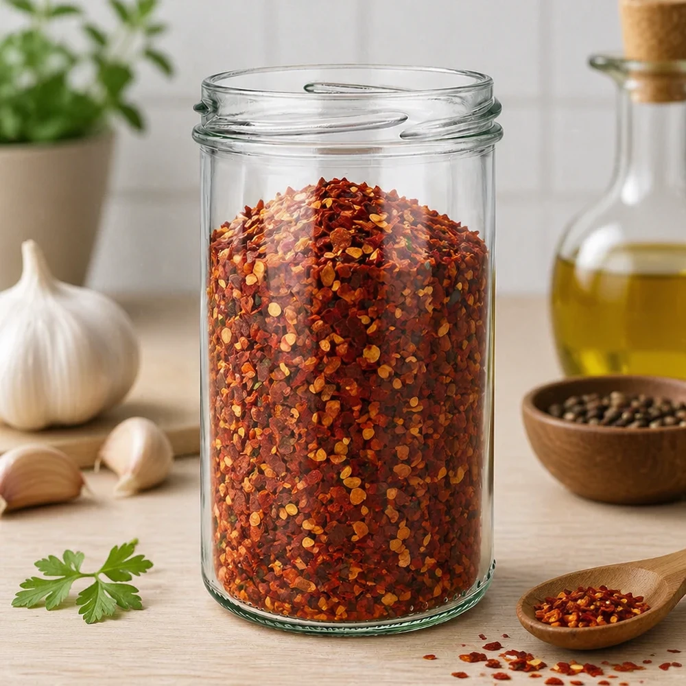 UNiTWIST Sturz277 Verre renversé 277ml TO66 rempli de flocons d'épices rouges dans la cuisine avec des herbes et de l'huile