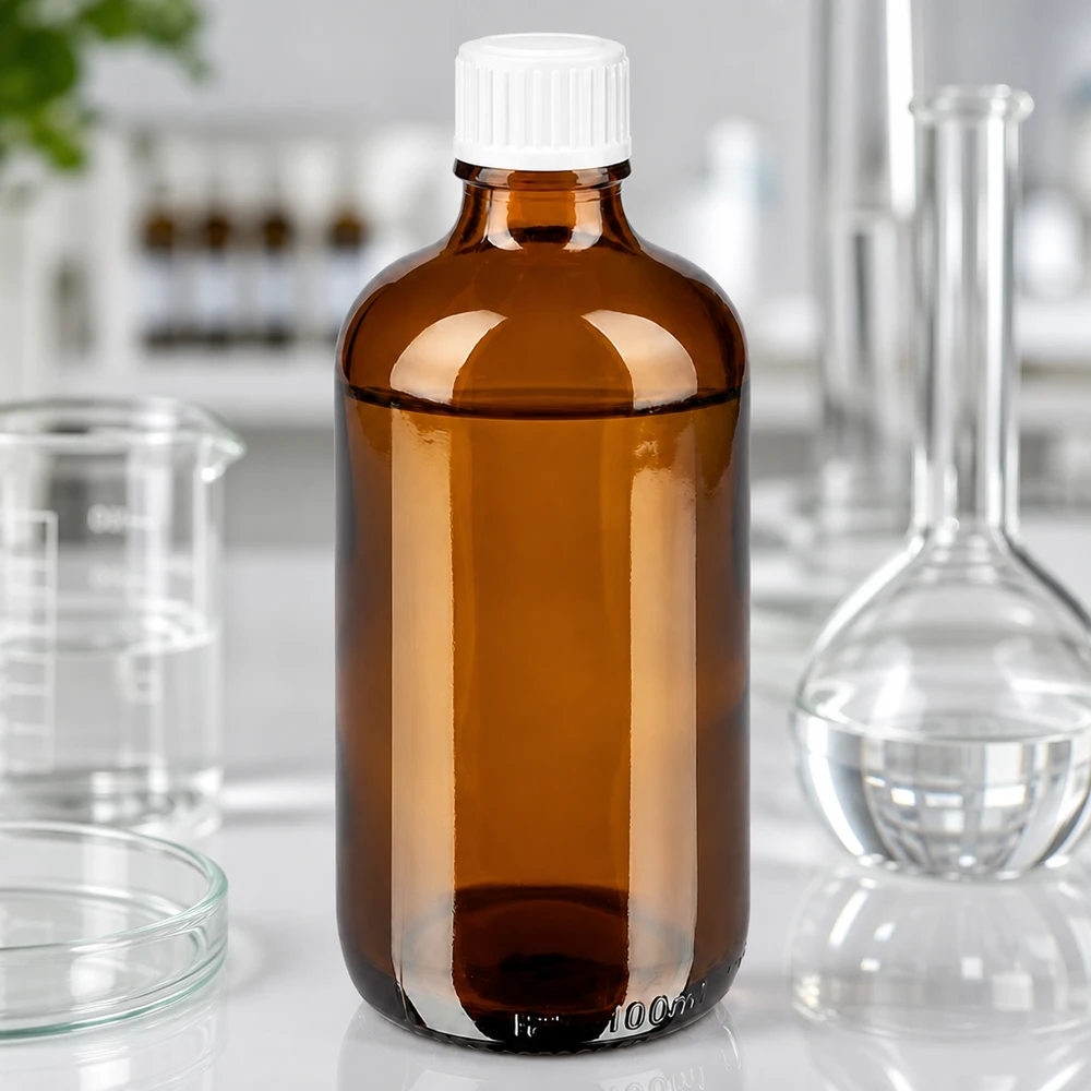 Flacon de pharmacie en verre brun de 100 ml SV STD, à côté d'un ballon d'Erlenmeyer et d'un bécher de laboratoire