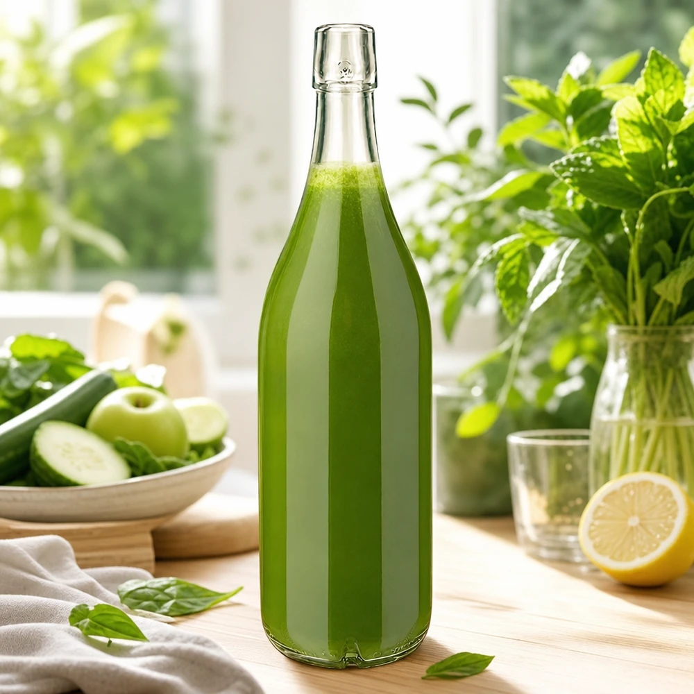 Bouteille en verre 1000ml UNiTWIST remplie de smoothie vert légumes frais fruits scène de cuisine alimentation saine