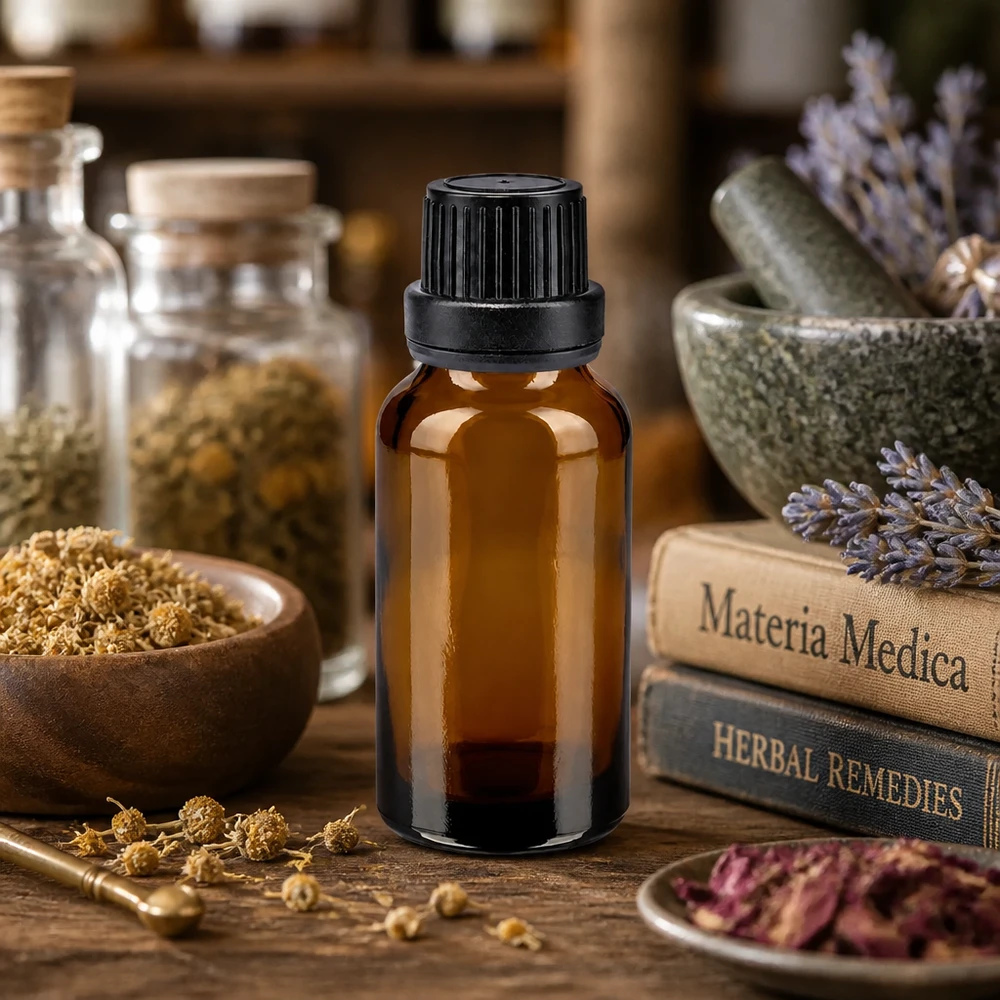 Flacon en verre brun de 20ml fermé par un bouchon vissable noir. Flacon en verre foncé de 20 ml, avec protection contre les UV, en verre ambré, muni d'un bouchon noir de 11 mm, destiné aux huiles végétales médicinales