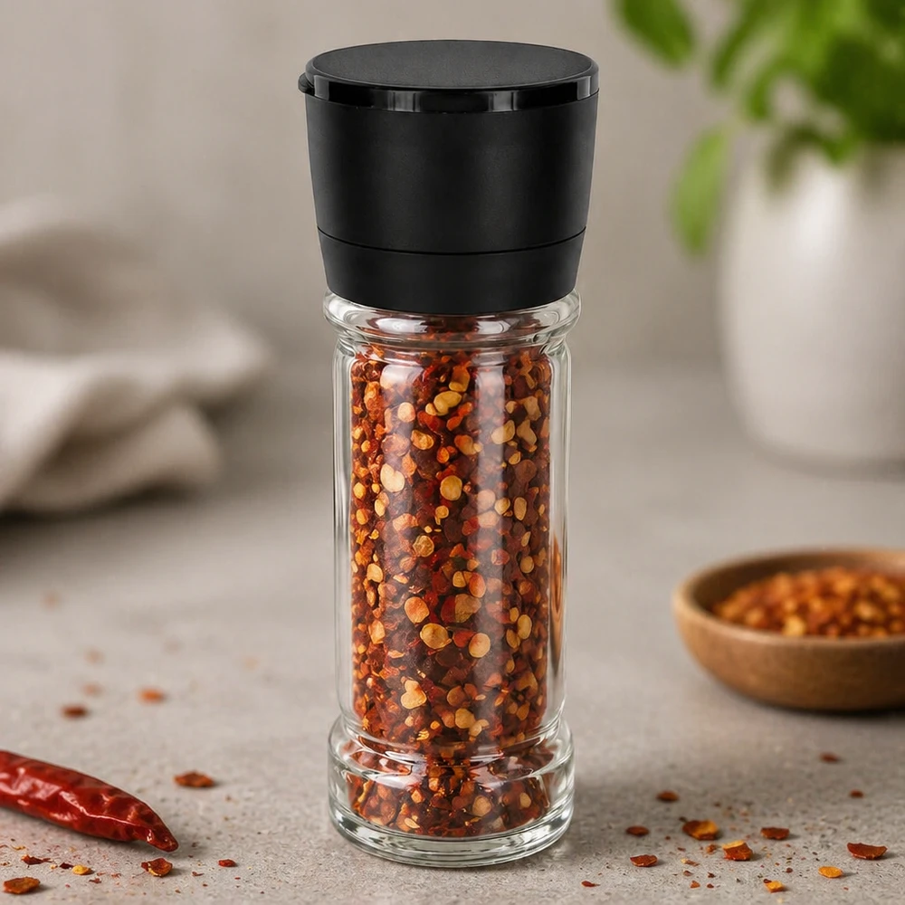 Pot à sel/épices 100 ml avec moulin Vario noir Pot à épices de 100 ml avec moulin à vis noir, rempli de flocons de piment sur fond gris