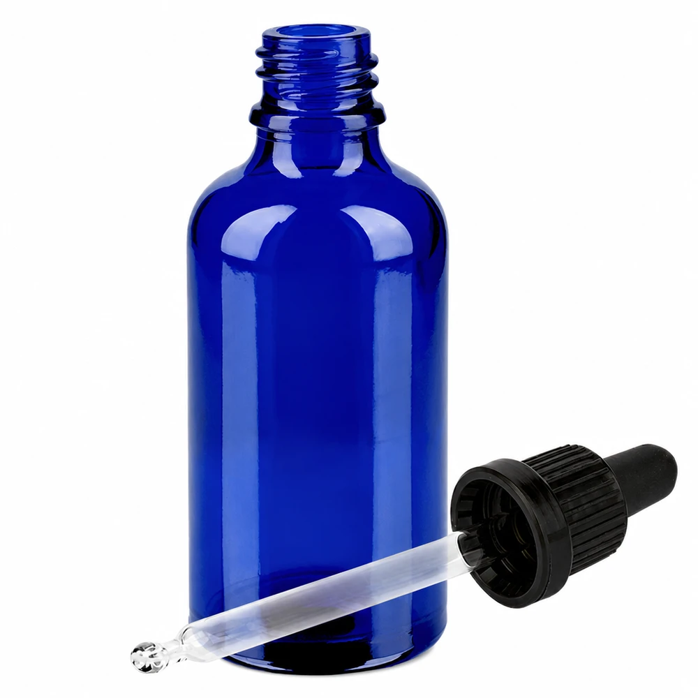 Flacon à pipette 50ml noir OV BlueLine UT18/50 Flacon doseur compact de 50 ml avec pipette compte-gouttes en verre bleu anti-UV