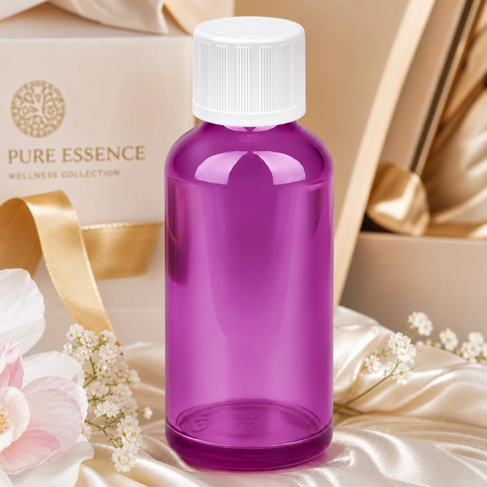 Flacon 50ml bouchon à vis 11mm blanc standard sécurité enfant PurpleLine UT18/50 Bouteille en verre violet de 50 ml avec bouchon rainuré, idéale pour l'aromathérapie et le bien-être.