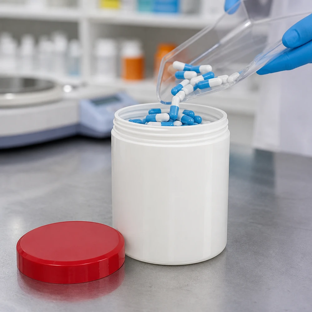 Pot à onguent blanc 30 g avec couvercle rouge (PP) Une main gantée remplit un pot en PP de 30 g avec des gélules issues de la production pharmaceutique