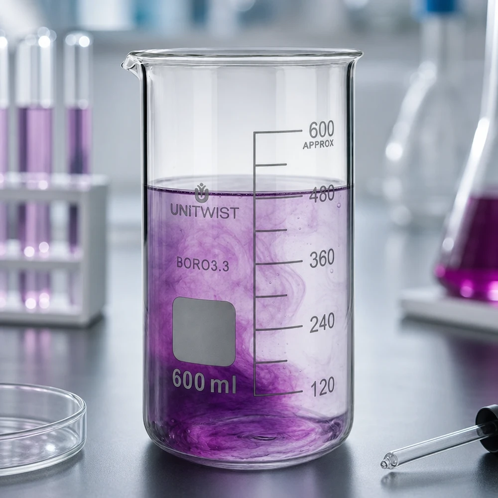 Bécher 600ml borosilicate, forme haute UNITWIST Verre borosilicaté, bécher haut de 600 ml UNITWIST contenant une solution violette dans un environnement de laboratoire