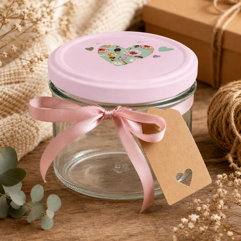 Verres de 225 ml + couvercle BasicSeal cur rose UNiTWIST Verre renversé de 225 ml avec couvercle rose en forme de cœur comme emballage cadeau avec ruban et pendentif dans une décoration romantique