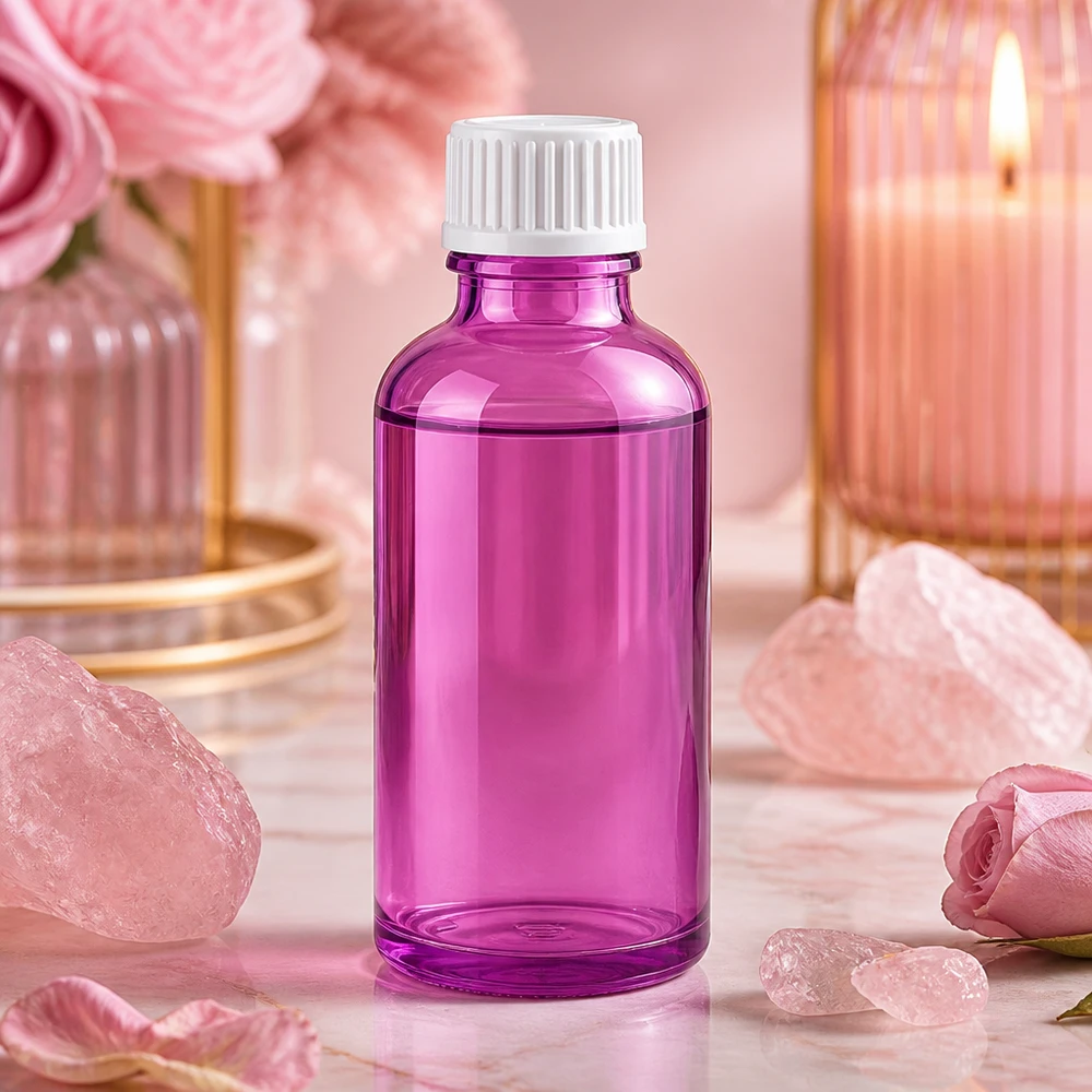 Flacon compte-gouttes 50ml 0.9mm blanc standard PurpleLine. UT18/50 Flacon compte-gouttes 50ml transparent-mauve avec bouchon blanc pour l'aromathérapie et le bien-être
