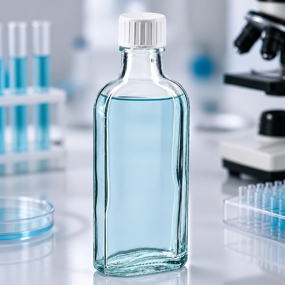 Flacon pharmaceutique en verre transparent Meplat de 100 ml, muni d'un anneau verseur et d'un bouchon à vis, destiné aux liquides de laboratoire