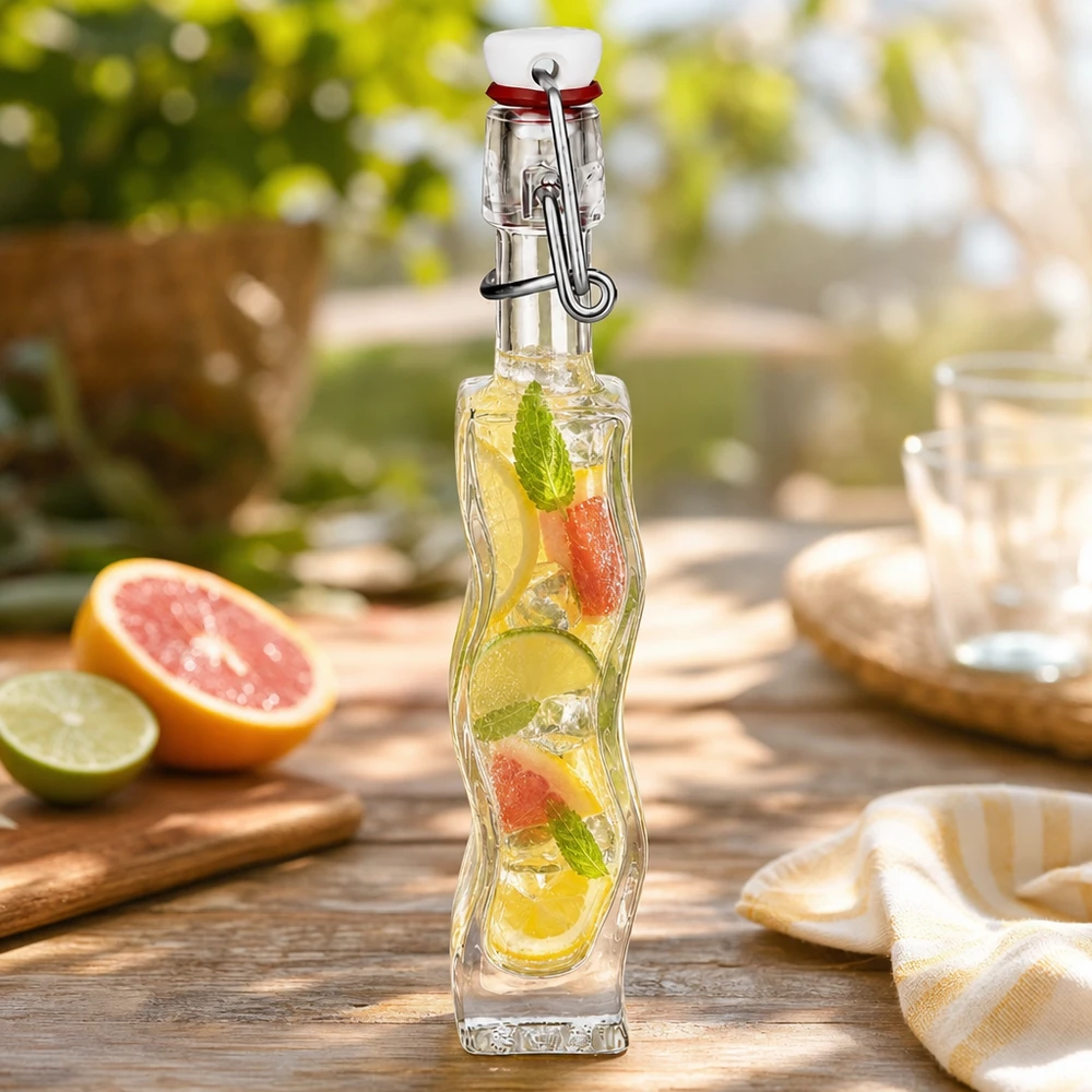 Bouteille en verre Anna de 40 ml remplie de jus d'agrumes sur table en bois avec pamplemousse citron vert et menthe à l'extérieur