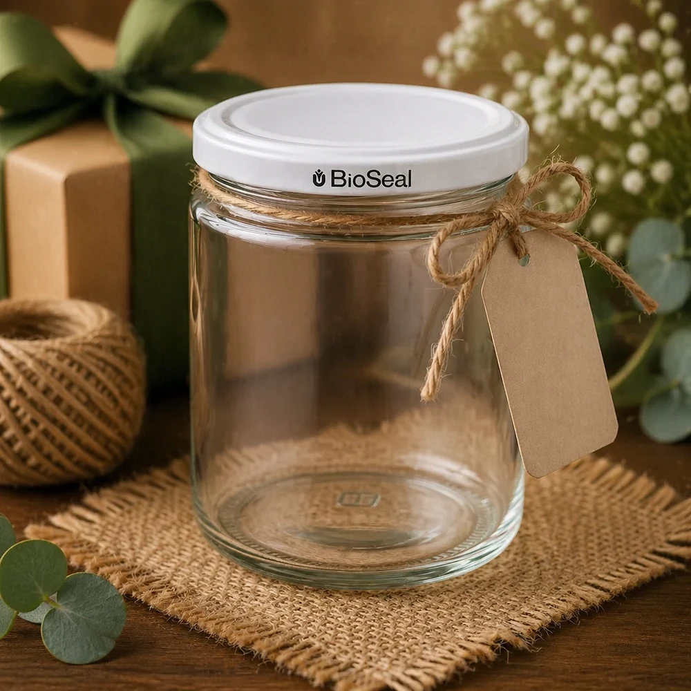 250ml pot de miel BioSeal UNiTWIST vide décoré avec boucle de jute pendentif en papier kraft style cadeau rustique