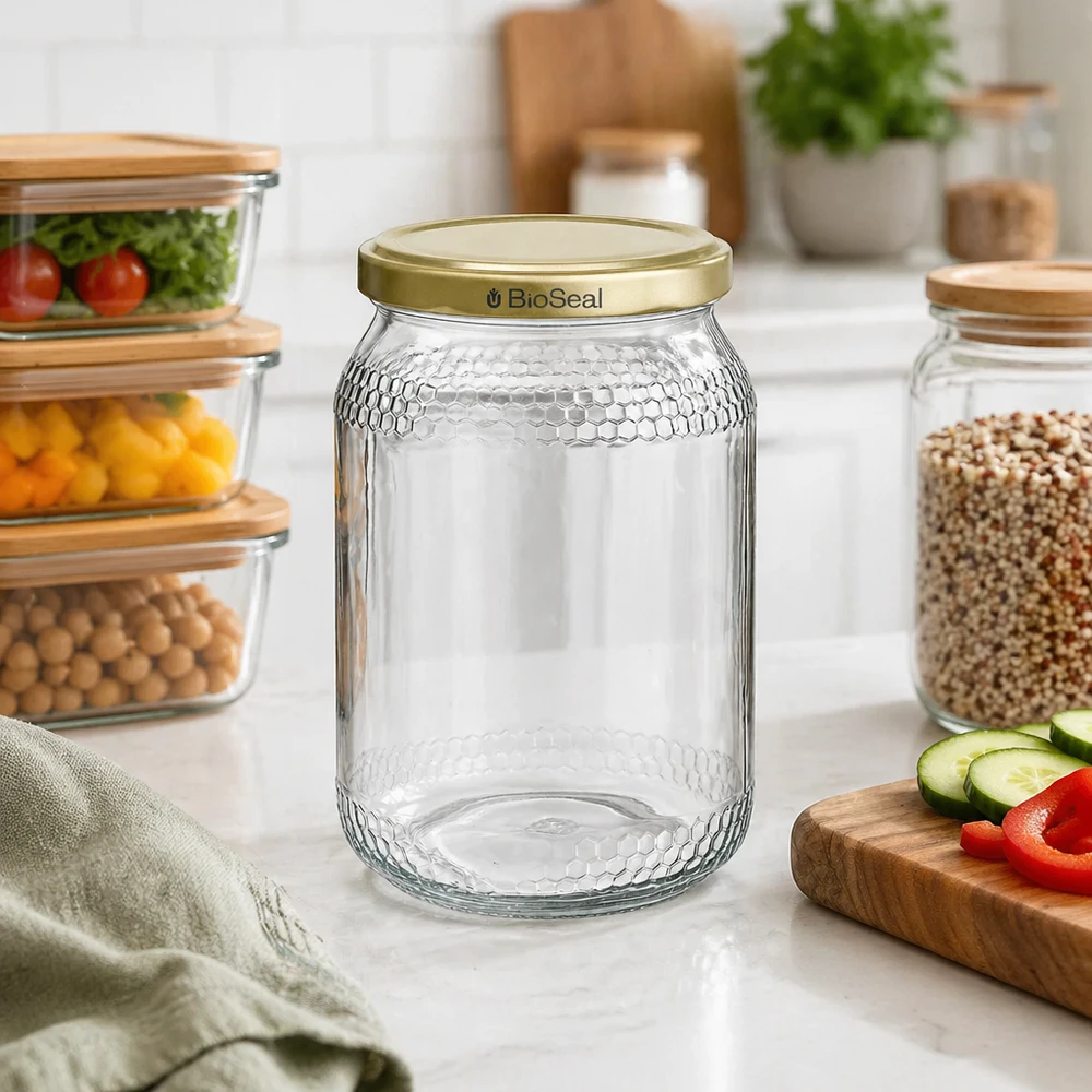 Pot de miel 900ml vide avec couvercle BioSeal doré dans la cuisine moderne entre les boîtes à provisions et les ingrédients frais