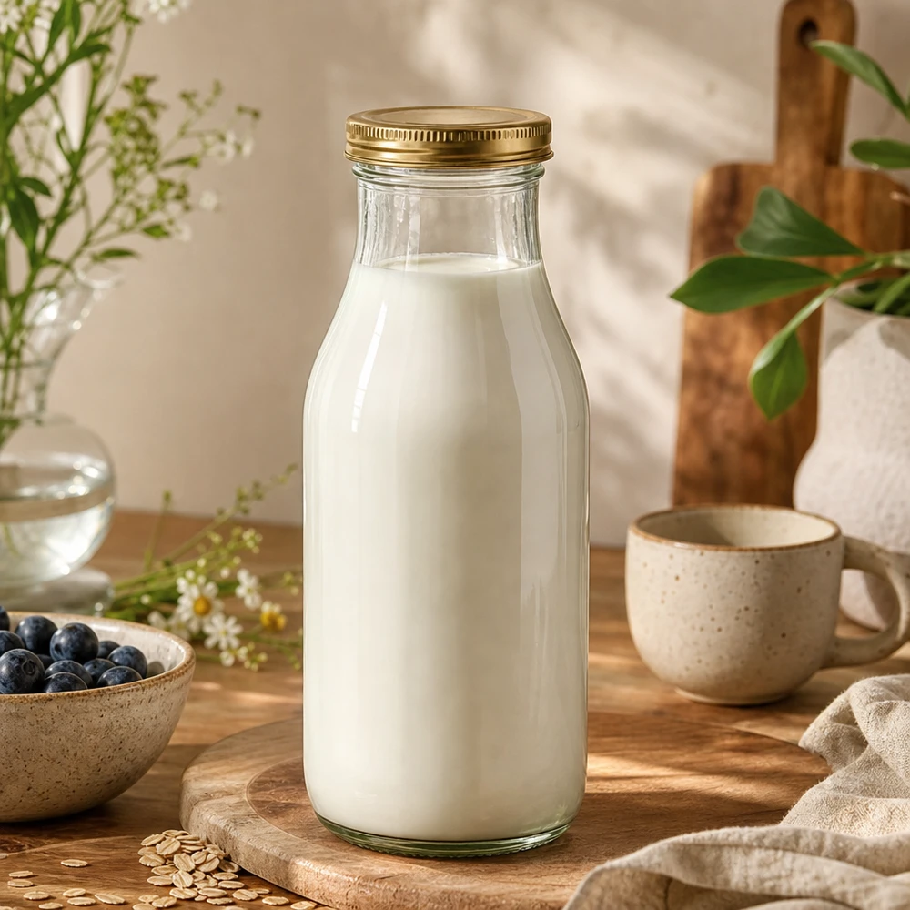 UNiTWIST Bottle263 Bouteille en verre remplie de lait avec couvercle TO43 BioSeal doré dans une scène de cuisine naturelle