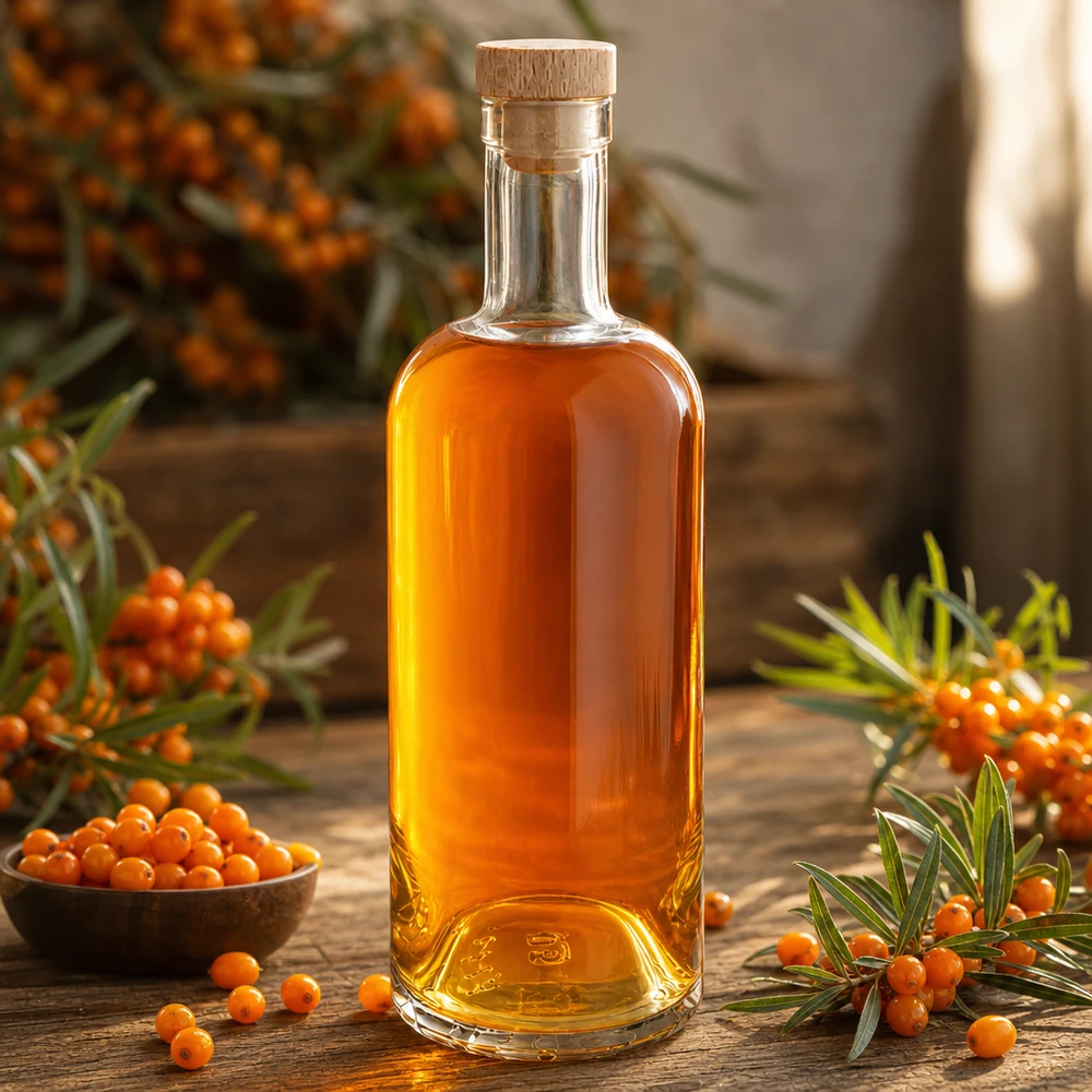 Bouteille en verre Emma de 750 ml avec bouchon en bois remplie d'huile d'argousier orange entourée de baies et de branches d'argousier.
