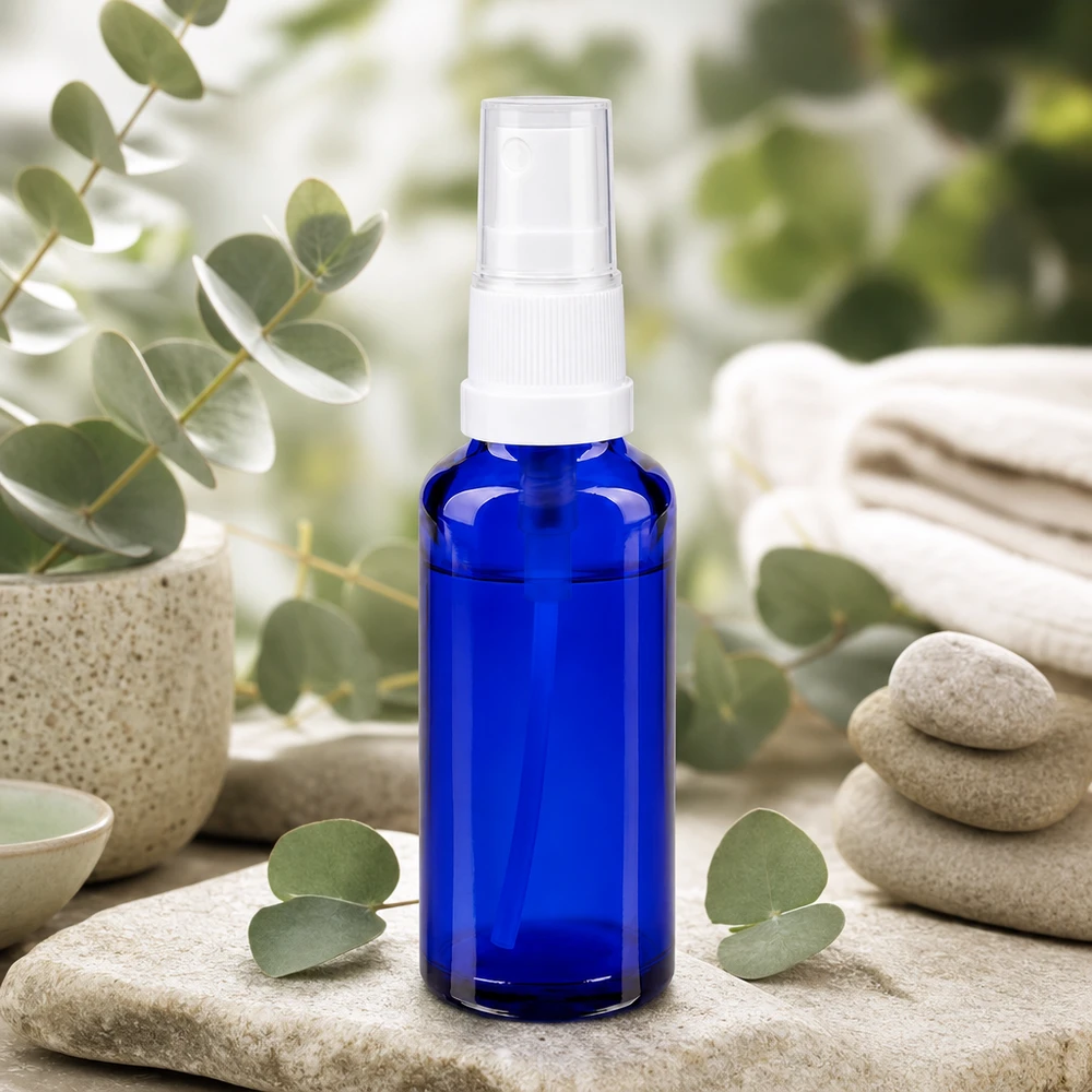 Flacon vaporisateur compact de 30 ml en verre de protection bleu avec bouchon transparent, dans un cadre de spa et de bien-être