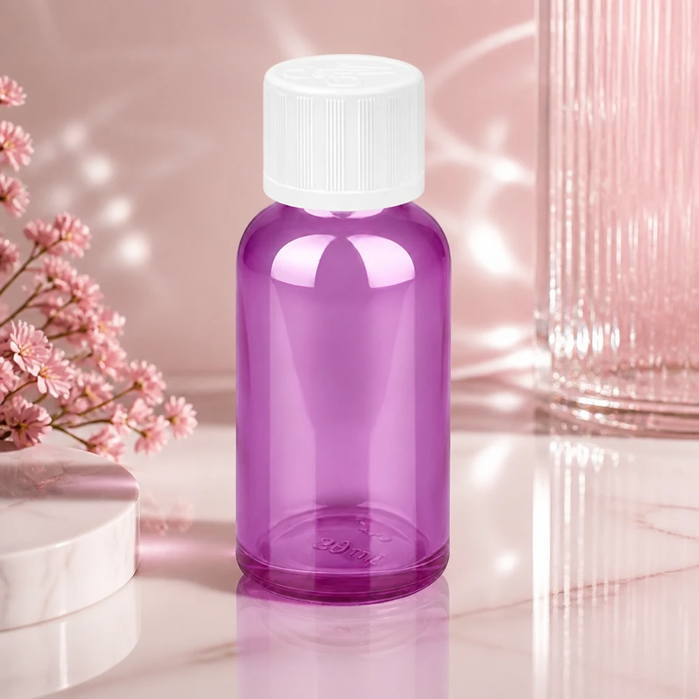 Flacon 30ml bouchon à vis 11mm blanc standard sécurité enfant PurpleLine UT18/30 Bouteille en verre élégante de 30 ml au design Purple Line avec surface mate pour produits cosmétiques premium