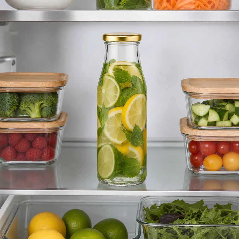 Bouteille en verre de 500 ml BasicSeal or dans le réfrigérateur avec boisson au citron et à la menthe entre les boîtes à provisions avec fruits légumes