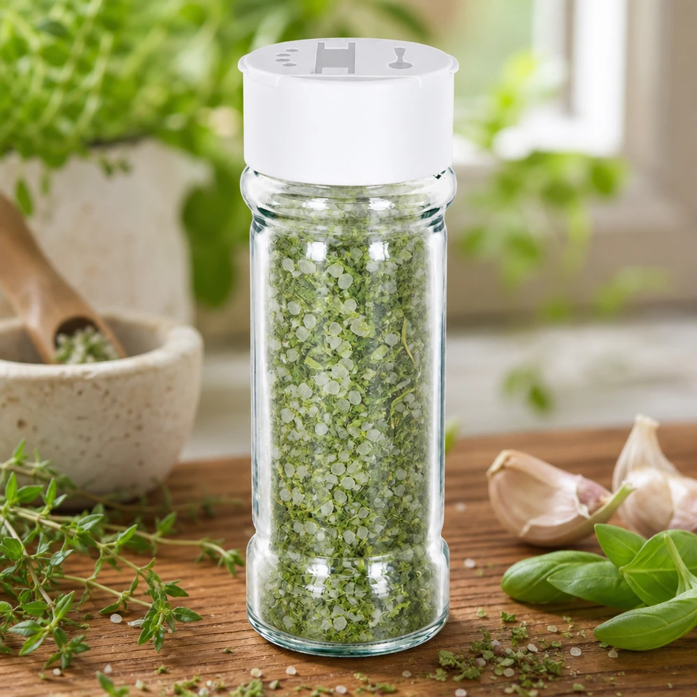 Pot à sel/épices 100 ml avec double saupoudreuse, blanc Pot à épices de 100 ml muni d'un double saupoudreur blanc, rempli de sel aux herbes et entouré d'herbes fraîches