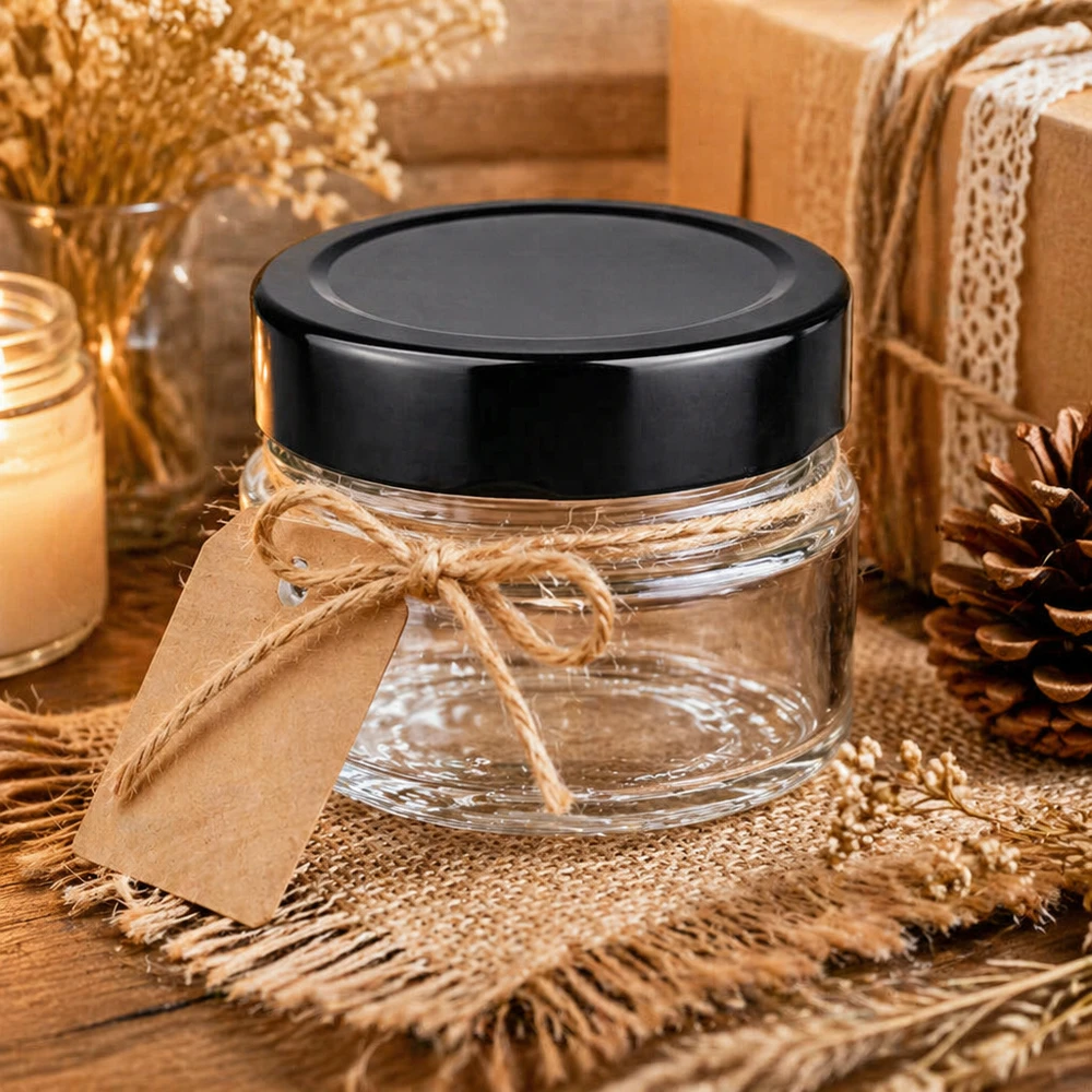 80ml Verre rond avec couvercle BasicSeal noir UNiTWIST 80ml verre rond noir transparent pot cosmétique arrangé de façon décorative avec ruban cadeau décoration naturelle BasicSeal