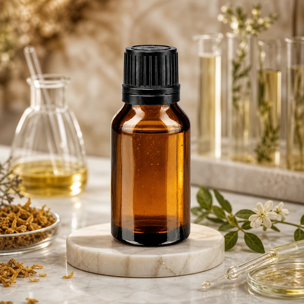 Flacon en verre ambré avec protection UV, 15 ml, muni d'un anneau verseur pour huiles essentielles, à côté de tubes à essai