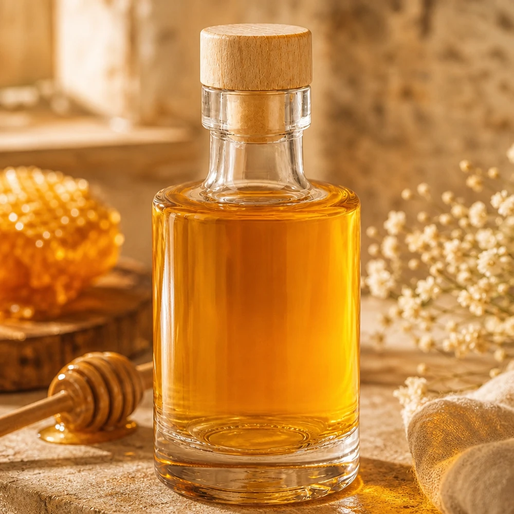 Bouteille en verre Marie de 100 ml avec bouchon en bois remplie de miel à côté d'un nid d'abeille et d'une cuillère à miel sur une table en bois rustique